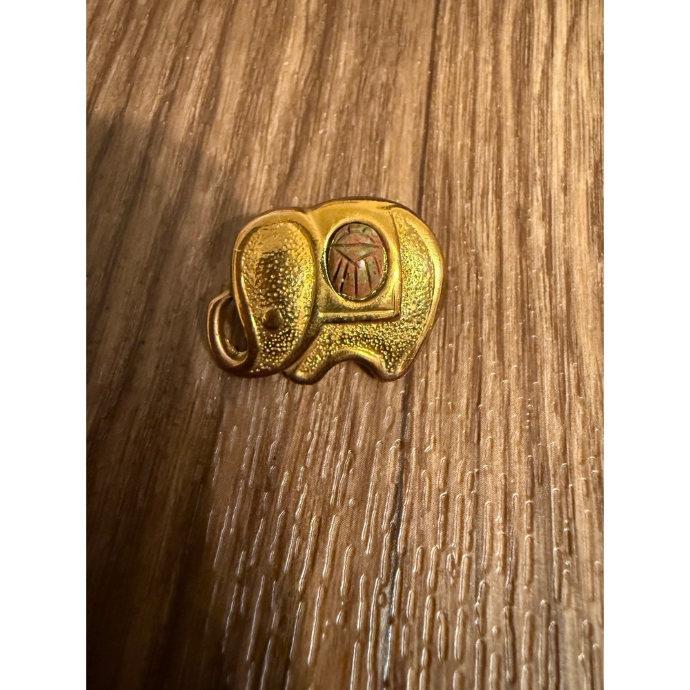 Vintage TS Gold Tone Elephant Brooch Pin with Carved Scarab Beetle Inlay